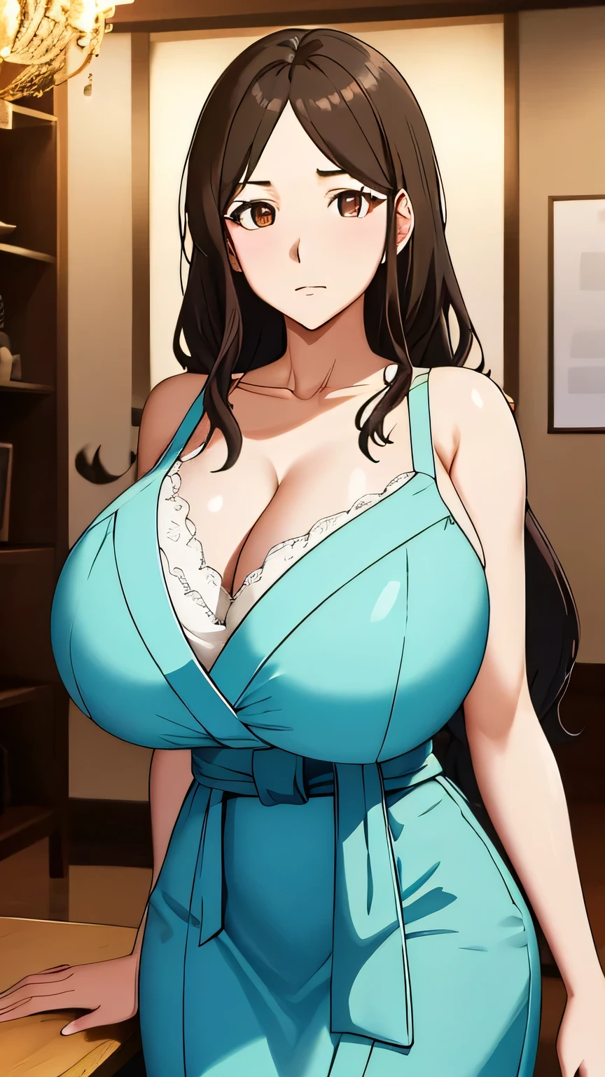 masterpiece, ((ultra detailed background, delicate pattern, intricate detail)), (highly detailed, fine details), best quality, beautiful lighting, (gigantic breasts)), NicoRobinV2, 1girl, black hair, long hair, solo, gigantic breasts, (smile), blue eyes, cleavage, closed mouth, hair slicked back, jewelry, collarbone, (short dress, bare shoulders, skin tight), (complex detailed background, inside, luxury palace), curvy, cowboy shot