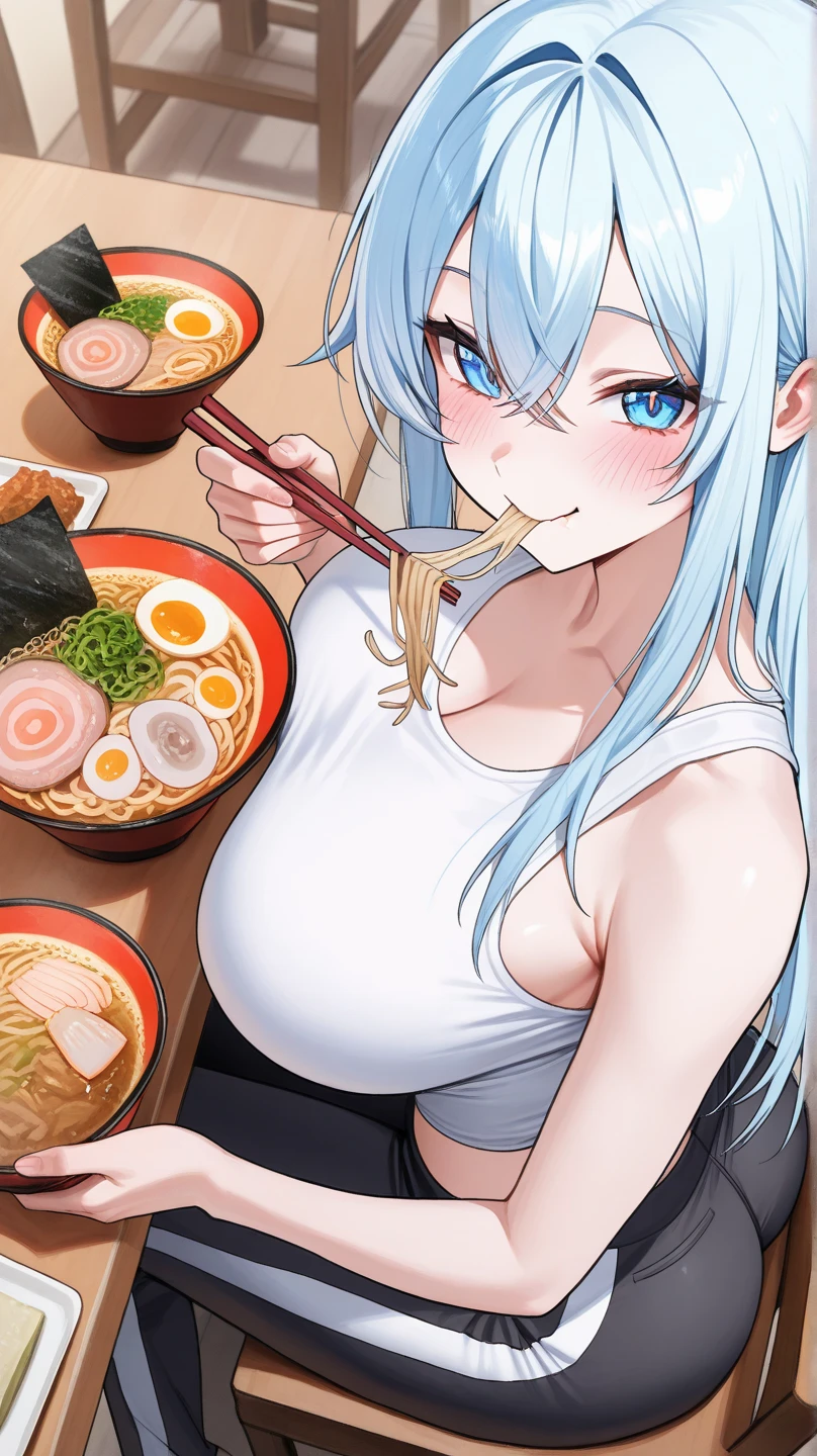 Four cute students in underwear eat Chinese food with gusto、Big boobs and small boobs、A thin cute blue bra、Thin cute blue underwear、Large serving of salt ramen, fried rice and gyoza set meal、Beer in a mug、