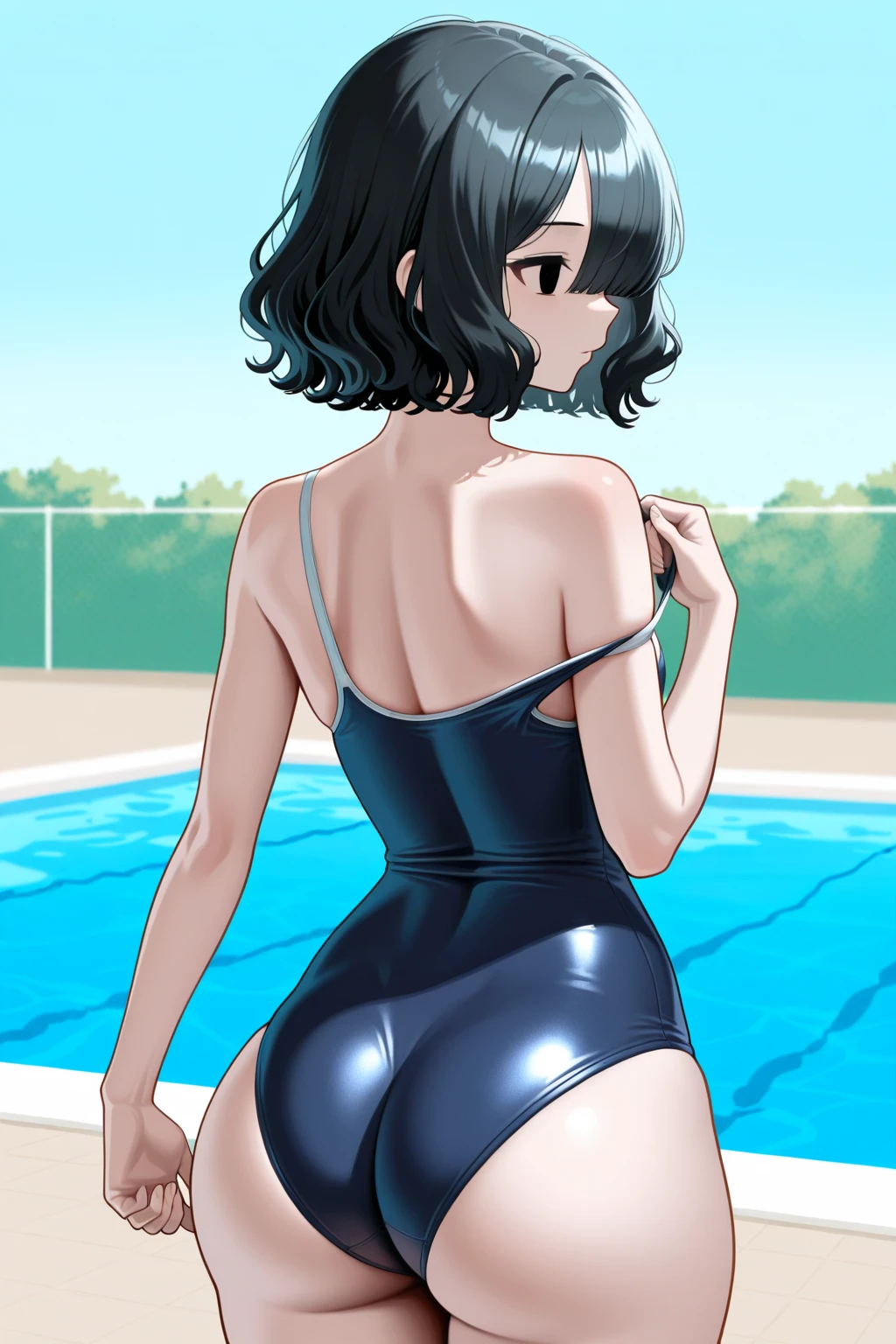 ((velocity)),Attacked by farts, (((Women farting))),(girl farting while sitting by the pool)),smiled,velocity,(a female sports teacher),(wearing a swimwear),(),(view from behind) (short hair black hair),(Asian woman),(swimming ing pool,(masterpiece:1.2、top-quality)、(the Extremely Detailed CG Unity 8K Wallpapers、ultra-detailliert、Best Shadows)、(Detailed background)、(The best lighting、extremely delicate and beautiful)、depth of fields、1girl in、report、upward looking gaze、