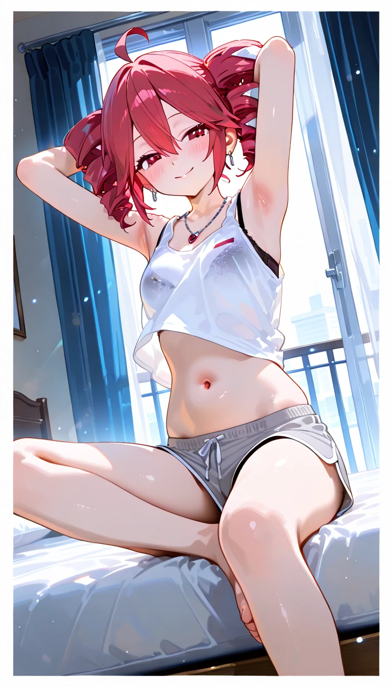 white t-shirt, long pants, black shorts, absurdres, RAW photo, extremely delicate and beautiful, masterpiece, Best Quality, ultra high resolution, 32k, hyperrealistic, ultra-detailed, detailed description, pale skin, 20 years old, tearful mole, earring, short medium hair, wavy hair, whole body shot, legs, Redhead, Red eyes, 
