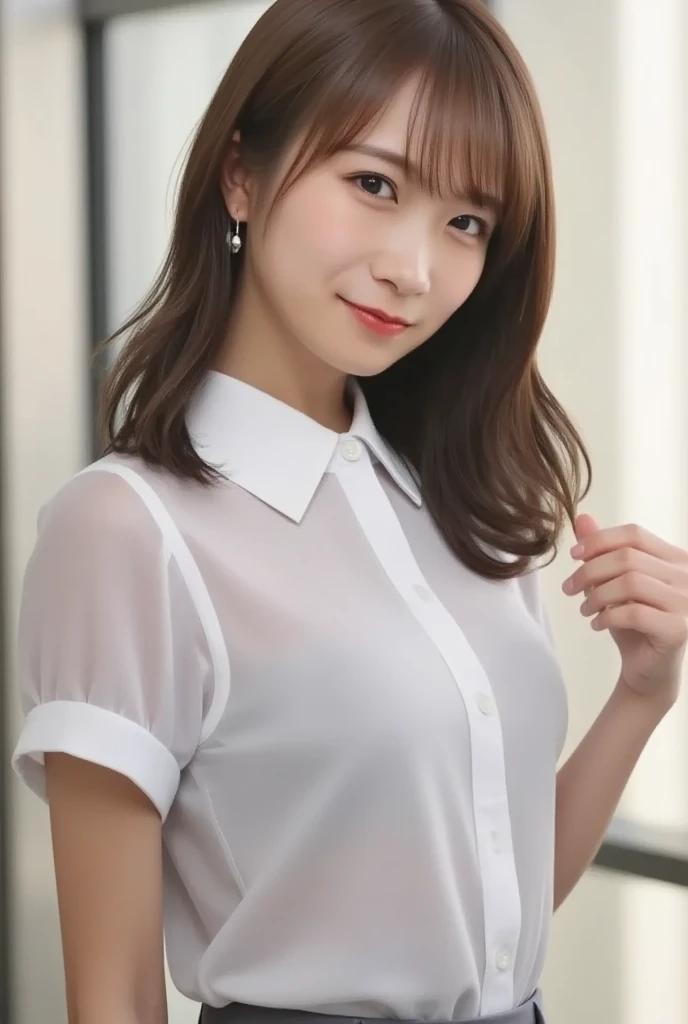 Masterpiece, high quality, high resolution, 8K, ((Skinny Japanese woman in a costume which consists of a short-sleeved white shirt and a light-brown long skirt)), beautiful face, natural makeup, detailed face, detailed eyes, a photo that feels endearing