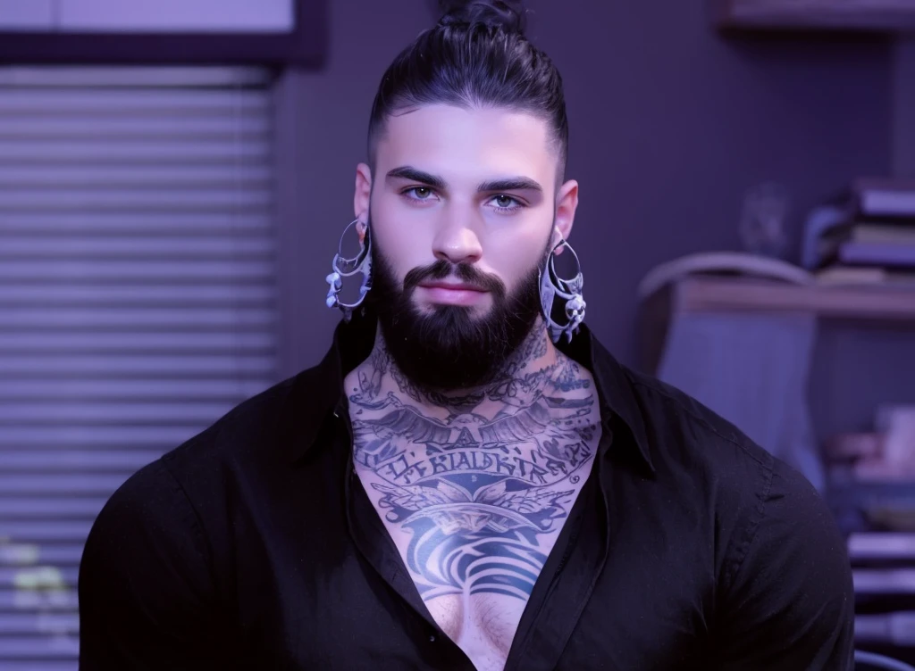 (masterpiece, intricately detailed, highest resolution, best quality:1.2), (doujin), a cocky Sam Asghari Instagram influencer, buzz cut, a 36 y.o muscle dom with a muscular physique sitting on a chair with blue eyes,ntattoo, ((neckline_tattoo)), dark-skinned male, clean shaven, wearing a ((open jacket, big chains, chav, armbands)), ((excessive cum)) ((cum on body)) (cum drip), flaccid penis,saggy balls,hairy chest,vascular,muscle striations,soft light,fantastic realism, colth, hdsrmr
