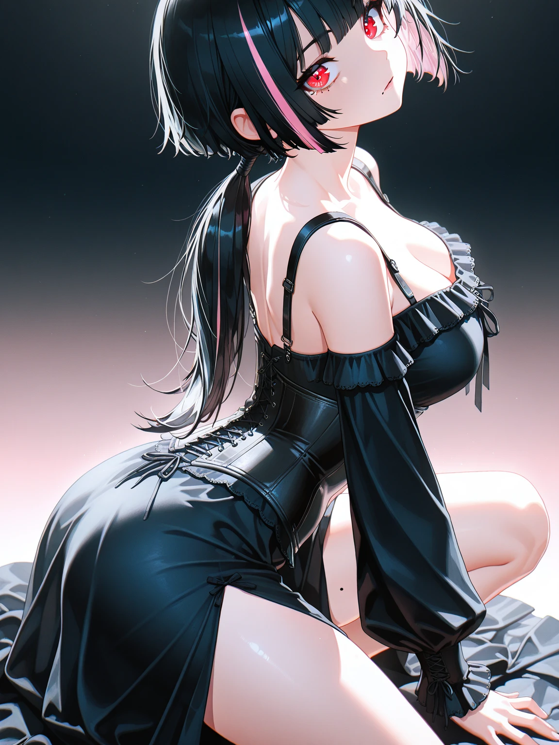 cheered up: style image of a woman in a corset dress on the navel, cute cheered up waifu with a nice dress add_detail:1, seductive cheered up girl, , cushart krenz art key women, from the video game azur lane, Blue rail style, cheered up girl in a black dress, trend on artstation pixiv, red pupils add_detail:1, by white, good figure add_detail:1, sitting on a ledge, futuristic city add_detail:1, see full body, barefoot, beautiful feet add_detail:1, small breasts, lolita add_detail:1,  naked bias add_detail, sensual girl, revealing dress undressing add_detail:1, very horny girl 