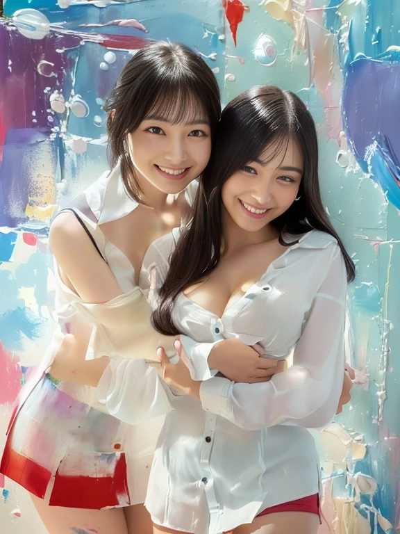(A close-up selfie photo of two Japanese girls), 20-years-old, (standing closely), (In the office), (Both laughing), (Both looking at the viewer), best quality, masterpiece, (Wearing pastel-colored gorgeous embroidered lacy lingerie with detailed floral pattern), (choker), (((Double eyelids))), Bangs down, Hair tied-up, earrings, ((Big beady eyes)), (((shiny sweating skin))), ((Sweating)), (((licking candy)))