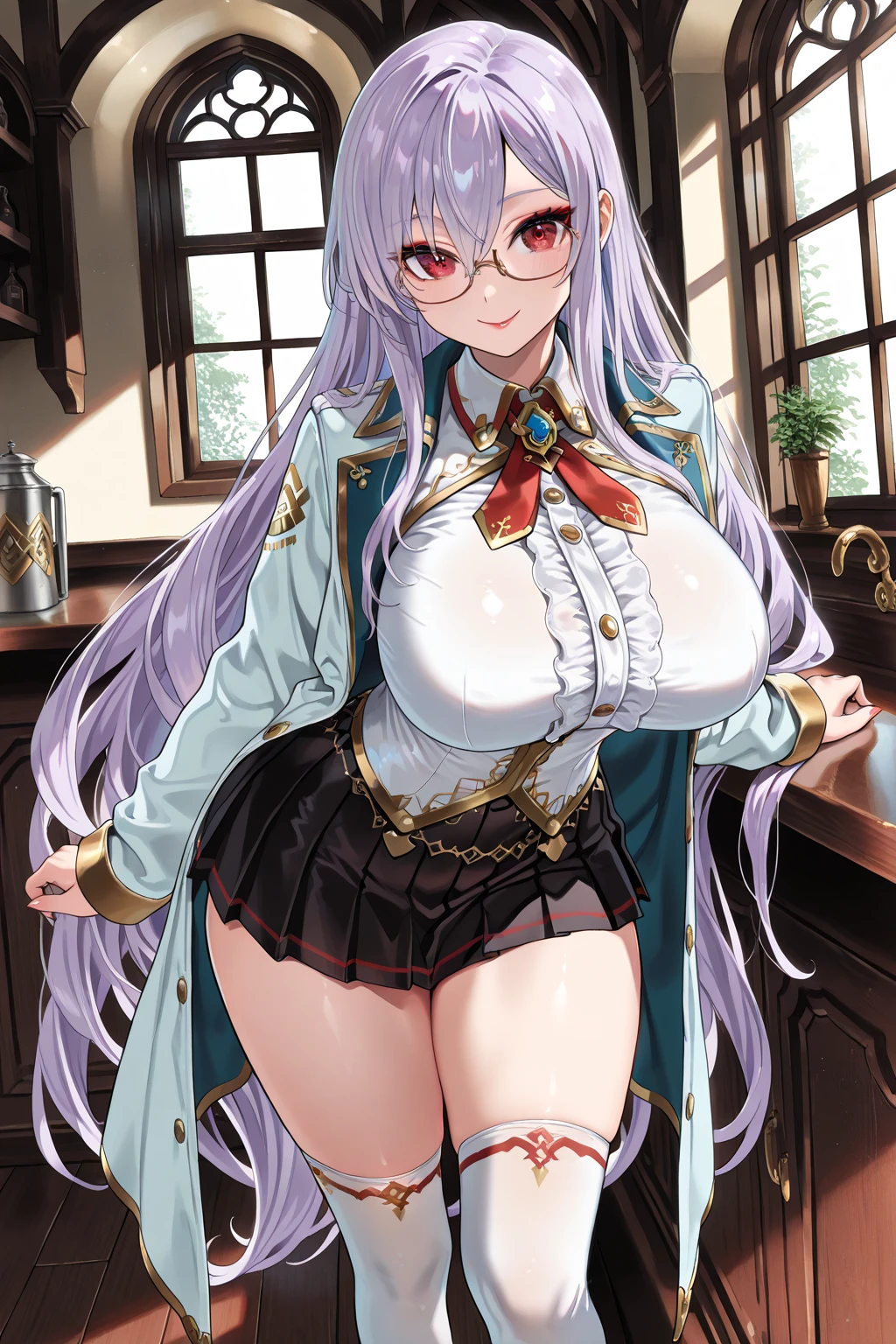 biwa hayahide \(umamusume\), under rim glasses, Sexy body, plump, big tits, sexypose, ((Lift skirt,White panties:1.1), nsfw