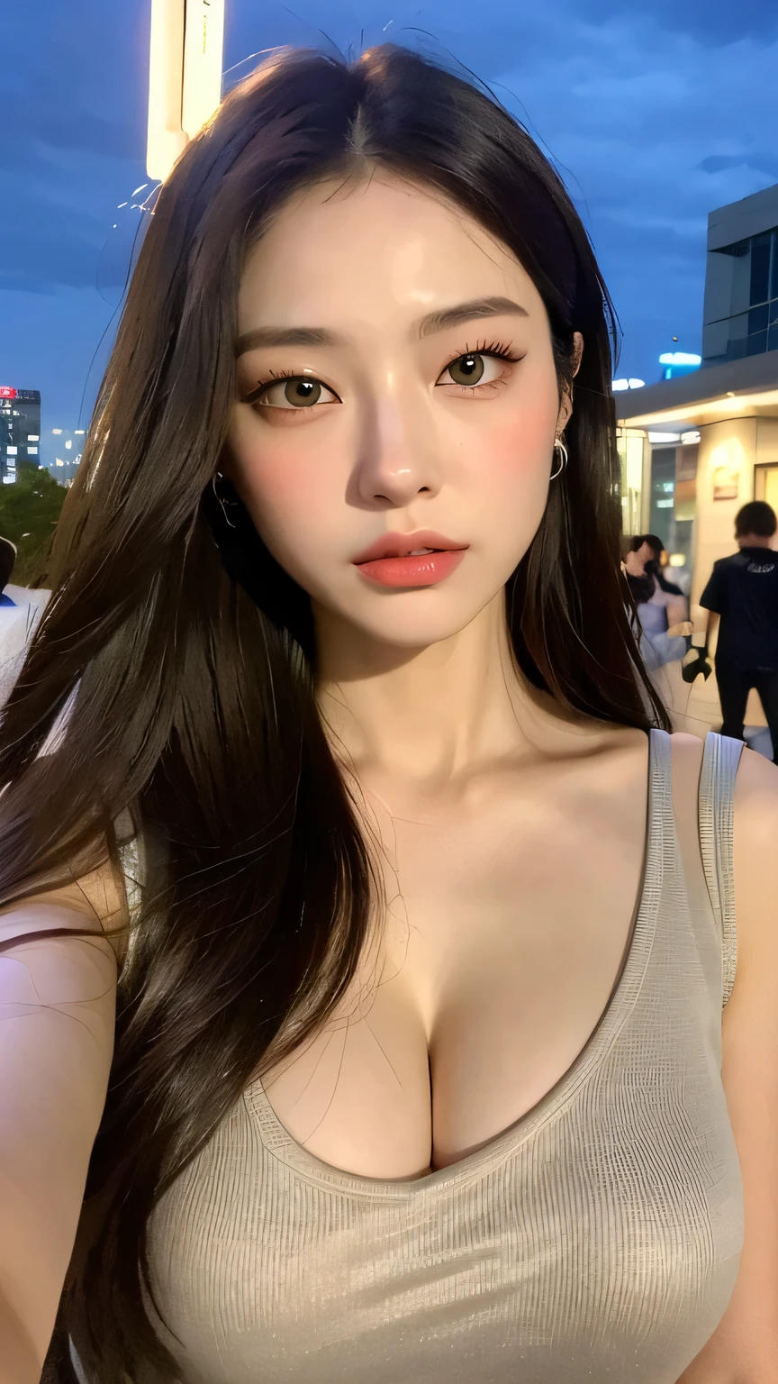 ((Best quality, 8k, Masterpiece :1.3)), Sharp focus :1.2, A pretty woman with perfect figure :1.4, Slender abs :1.2, ((Dark brown hair, Big breasts :1.2)), (White button up long shirt :1.1), City street:1.2, Highly detailed face and skin texture, Detailed eyes, Double eyelid