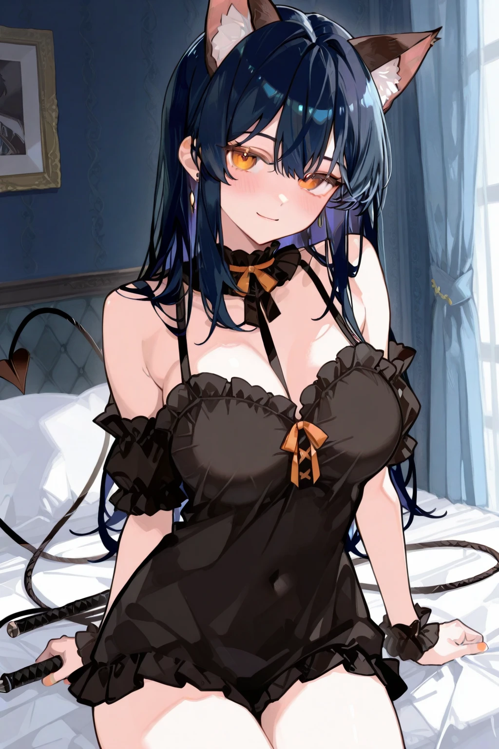 Yoshiko Tsushima　Blue Hair　Red Eye　Left bun hairstyle　Semi-long hair　Black negligee　bed　bedに座る　Brush your hair back　Black garter belt　smile　Quite large breasts　Seduce　Dark Room　Love Hotel