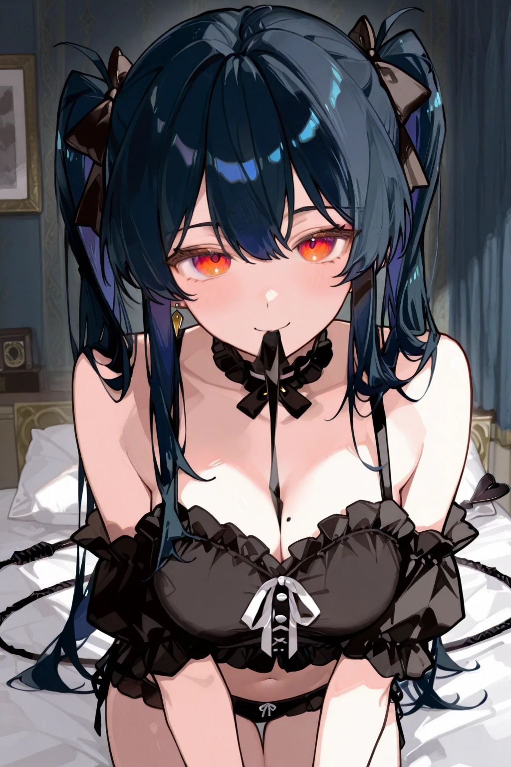 NSFW、A man and a woman are having sex in a cowgirl position on a bed、A man in a suit inserting his penis into a woman、Female riding on top of male、Semen is spilling from her crotch、Black lingerie dress showing through、I can see your chest、garter belt、Long Hair