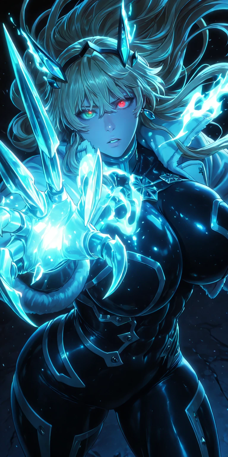 Manhwa, ssp, (lainart-style:1.2), (muneshiro_(hitsuji_kikaku)-style:1.4), (anime coloring, anime screencap), shiny skin, ((anatomical correct)), ((Cinematic, unreal engine, eye-catching, ambient occlusion, UHD, masterpiece)), ((perfect lighting, soft shadow)), perfect body, perfect eyes, perfect fingers, gasping, heavy breathing, gasping profusely, ((skindentation)), ((curvy)), barghest_(gawain)_\(fate\), fairy_knight_gawain_\(fate\), muscular_female, blonde_hair, long_hair, red_eyes, ((heterochromia)), green_eyes, tiara, large_breasts, earrings, jewelry, bangs, obliques, plump, hearts, pleasured, 1girl, solo, bodysuit, jacket, breasts, looking_at_viewer, covered_navel, black_bodysuit, parted_lips, white_jacket, open_clothes, open_jacket, skin_tight, claws, floating_hair, glowing, fire, Fiery,