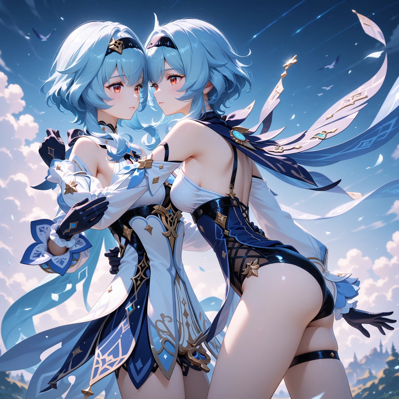 lightblue hair, Japanese cartoons, 电影灯光, hyper HD, super detailing, Best quality,With a perfect face and beautiful face, A girl wearing a blue sky dress and black stockings, tas'just like her's in wonderland. Holding a sharp sword, He has a fairy-like temperament, There are clouds on my feet、lucky feet. There are blue Chinese dragons around him. He wearing blue sky clothes,Like a fairy. He gentle, His movements are quiet and graceful, His feet are bare.