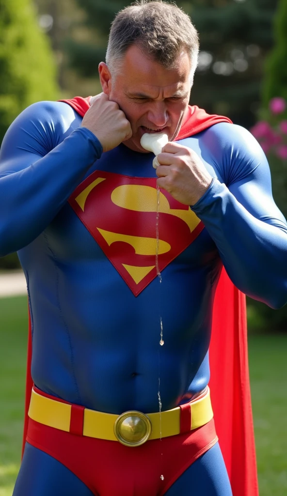 a 70 years old malay man in superman costume outfit with big afro hair standing in front of a bustling crowded night club holding a big colorful lollipop, night, serious face, nighttime, in superman movie style, hyper - realistic photography, dramatic effect, smoke effect in background, dark color grading, full body, 8k, close - up shot, extreme close - up photo