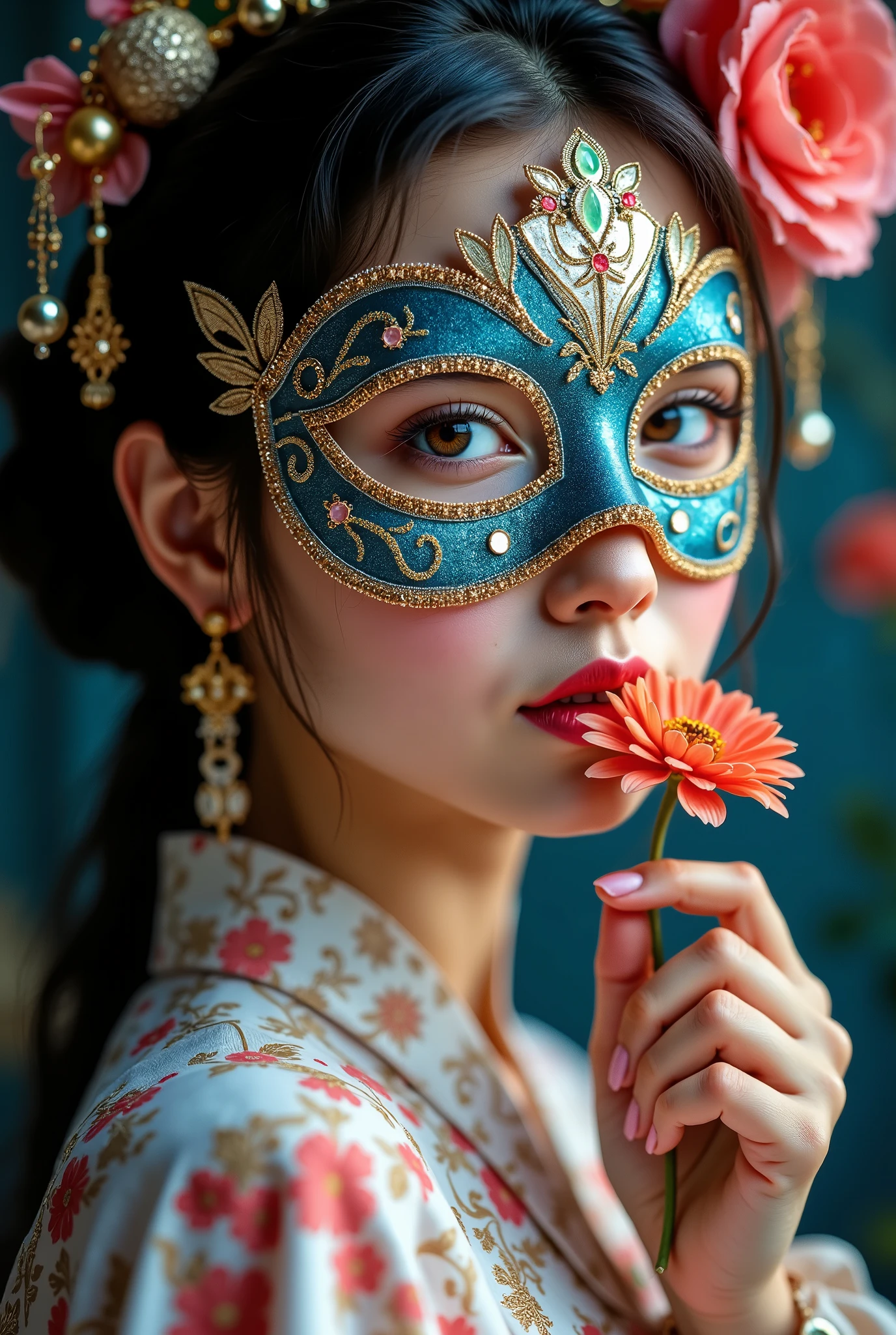 A girl from Asia at the Masquerade holds a Flower, smelling his, her Face Is Covered by a Beautiful Eye Mask, beautifully colored eyes, jewelry and delicate beautiful lips, masterpiece, best quality, 8k resolution, realistically, Ultra high quality,