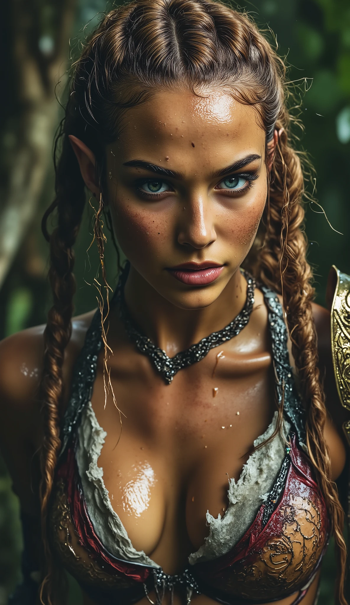 Close-up portrait of a young, light-skinned female elf, freckles, dirty, sweaty and wet, approximately 20 years old, with braided blonde hair styled in dreads a high bun. Elven-like pointed ears. She is wearing ornate, gold and silver chainmail armor with intricate designs, fitted to her form. The chainmail has a slightly textured, metallic appearance. A decorative jeweled necklace is around her neck. A crimson-white fabric is interwoven with the armor around her chest area. She displays a serious yet captivating expression, turning her head and looking off to the side. Her posture is confident and regal. The background is a lush, out-of-focus forest setting, with deep greens and shadows. The lighting is dramatic and highlights her features, creating a strong contrast between light and shadow, with a soft focus on the background. The image has a fantasy, warrior aesthetic, with a high-quality, detailed look. The photo is taken with a shallow depth of field, emphasizing the subject. The image is highly detailed and photorealistic. High-key lighting, with an artistic and imaginative style. The color palette features earthy tones with pops of gold and crimson ((extra small breasts hiding under armour or white woven fabric), (elven-like pointed ears), (freckles), (sweaty skin)).