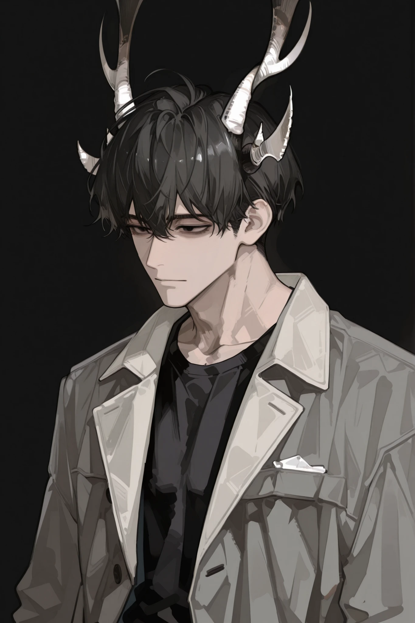  male，25 years old，off-white messy short hair，black eyes，black shirt，Gray coat，Elk double horn， no background ，Thin
