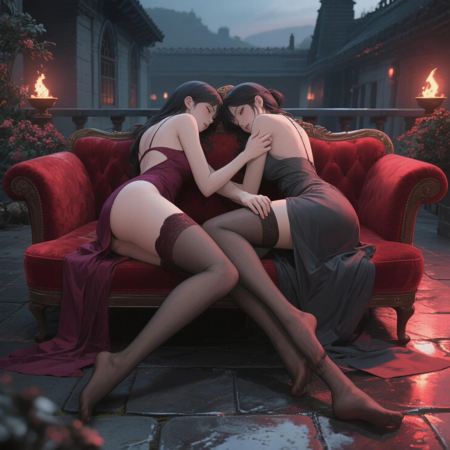 highest quallity、4K quality、 with dresan without shoulders plays woman、woman opens her legs wide、bare crotch、The woman is shy、A man inserts his penis into a woman, Asian woman, red haired redhead