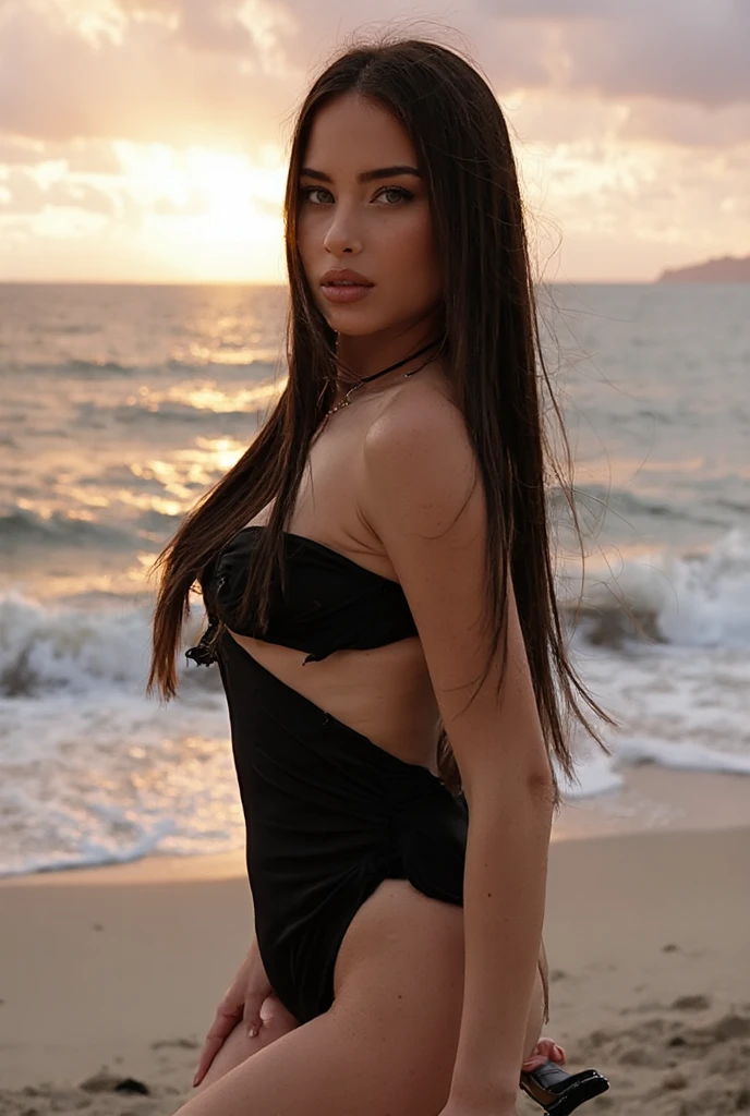 8K, masterpiece, RAW Photos, Highest quality, Realistic, Very detailed, Depth of written boundary, Cinematic Light, Anatomically correct body, 
An elegant and beautiful mature woman, 
Long black hair, Very beautiful face, Exquisitely detailed face, Glamorous Body, 
Transparent white skin, Very detailed肌, Ample breasts, Shapely ass, Firm thighs, 
High-leg one-piece swimsuit, Detailed cloth texture, Simple Earrings,  
Night sky background, Dark sandy beach at night, Pitch black sea surface, 