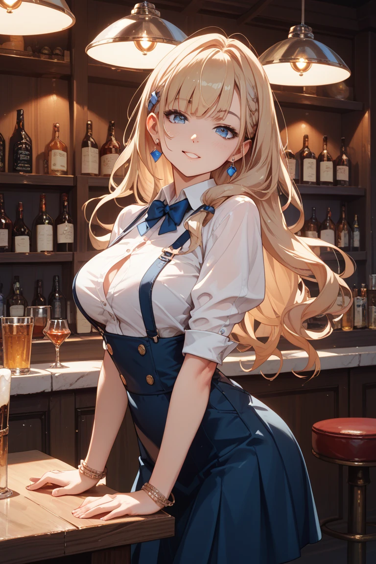 最high quality、best image quality、masterpiece、teenage girl((20-year-old、 By becoming、vest bust、medium bust,wide open breast tea、shining eyes, blonde hair、long hair、thin,highest valley、ponytail、bartender costume skirt、holding a wine bottle、smile、black gloves、chest holder、breastfeeding、leaning forward)),high quality、beautiful art、background((night bar))debris flies、Depth of written boundary、movie、visual art、perfect art、8k,genuine、