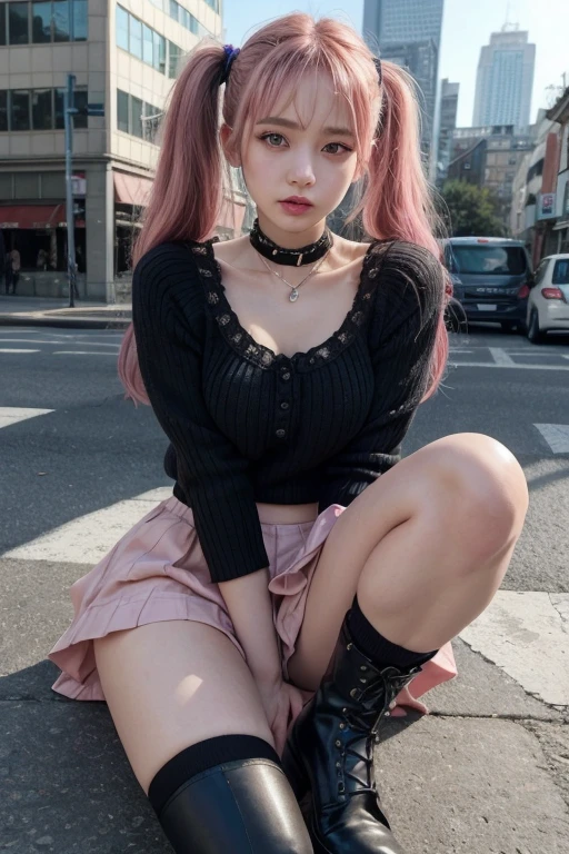 1girl, alternative, asymmetrical clothing, thigh highs, long socks, pink color theme, handbag