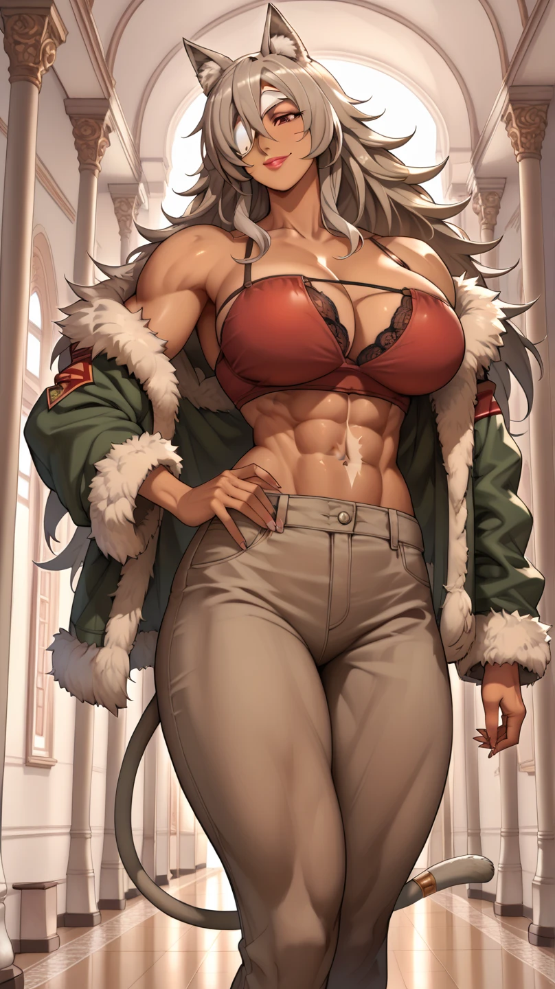 1girl, highres, sharp focus, pixiv masterpiece, ((intricate details)), highly detailed, one eye, gray hair, cat ears, red bandeau, muscular, green pants, tanned skin, brown skin,