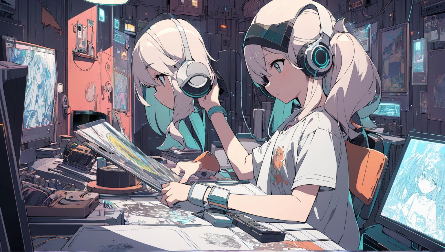 Masterpiece, Best Illustration, Solo, 1 Girl, Seated, Bun, Keyboard \ (Computer \), Fur Decoration, Computer, Monitor, Hood, Jacket, Hood Down, Chair, Headphones, City, Double Bun, Instrument, Cyberpunk, A Small Wooden Toy, \((Intricate Details\)\), Color Details, Rainbow Color BREAK, \(\(Masterpiece Best Quality\)\), 4K, Hyperdetail, Detailed Lighting, \((Inspired by Hayao Miyazaki), Official Art, Propaganda Art, Composition,