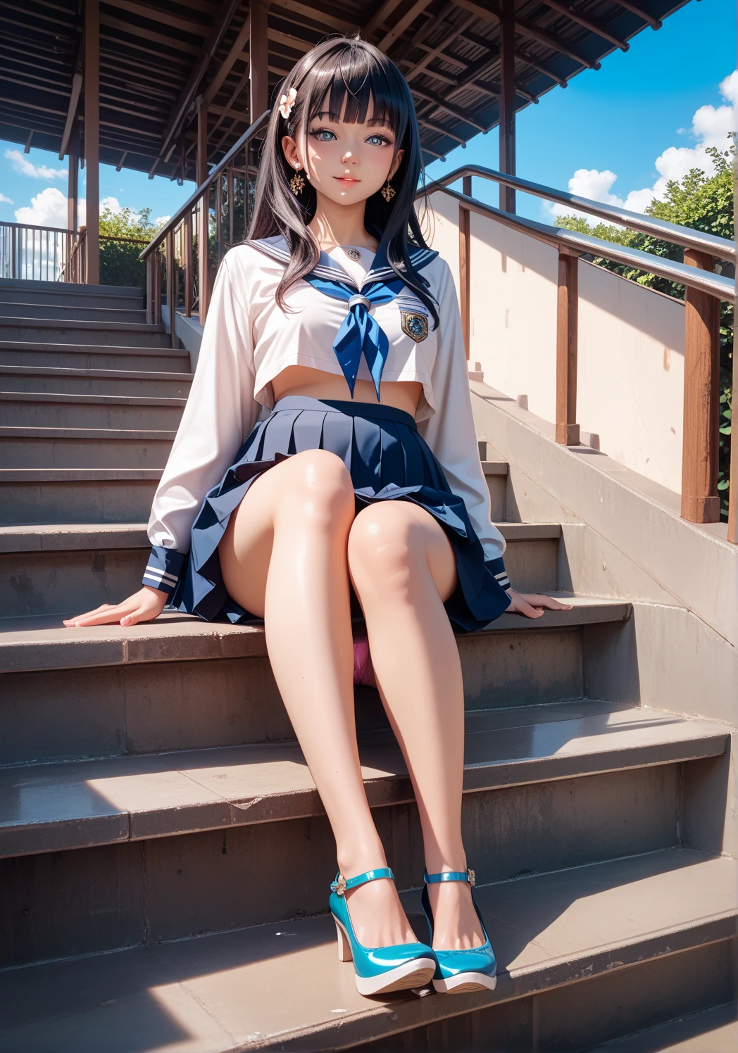 (masterpiece, highest quality, High resolution, 超High resolution, Perfect Pixel, Depth of written boundary, 4K, RTTX 10.0, High resolution))), (One woman:1.3), Beautiful Anime Women, Beautiful art style, Anime characters, ((Detailed face:1.2)), ((Smooth texture:0.75, Realistic texture:0.5, Anime CG Style)), (Maximum resolution: 1.2), Cinema Lighting, ((highest quality)), ((masterpiece)), (High resolution), 8K, Best Shadow, The best natural light, Cinematic, (Adult woman going down the stairs:1.2), (brown hair,)、Shy、ponytail, Red ribbon, (Navy Blue Blazer, Brown cardigan, White shirt, Checkered Skirt))、(Navy blue socks)、((Front view))、(Angle from below front:1.1)、Manga panel layout、Cartoon style、Manga Design、Station stairs、City stairs, (Skirt flipped up by strong wind:1.3), (A perfect skirt of uniform length:1.4), Pink side-tie satin panties, Slender body,Beautiful thighs, (Embarrassed look), On the way down the stairs, Skirt tug