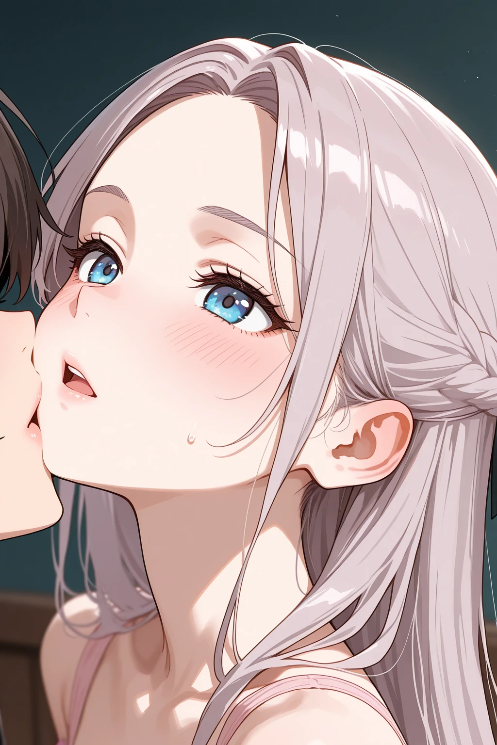 NSFW,((1 boy,fellatio, penis)),((cum facial)),(Best Quality,High resolution,8k,finelity detailed background,Masterpiece:1.2),from side,beautiful girl,Glossy romance gray hair,messy hair,Beautiful grey eyes,Best quality,Best Quality,Aesthetic and aesthetic:1.2,Best details((Super detailed))(High-definition CG illustrations),cute,cute,Looking up,blush,nude,on the bed,(nsfw:1.2), (cum:1.3), (sweat:1.2), (steam:1.1)