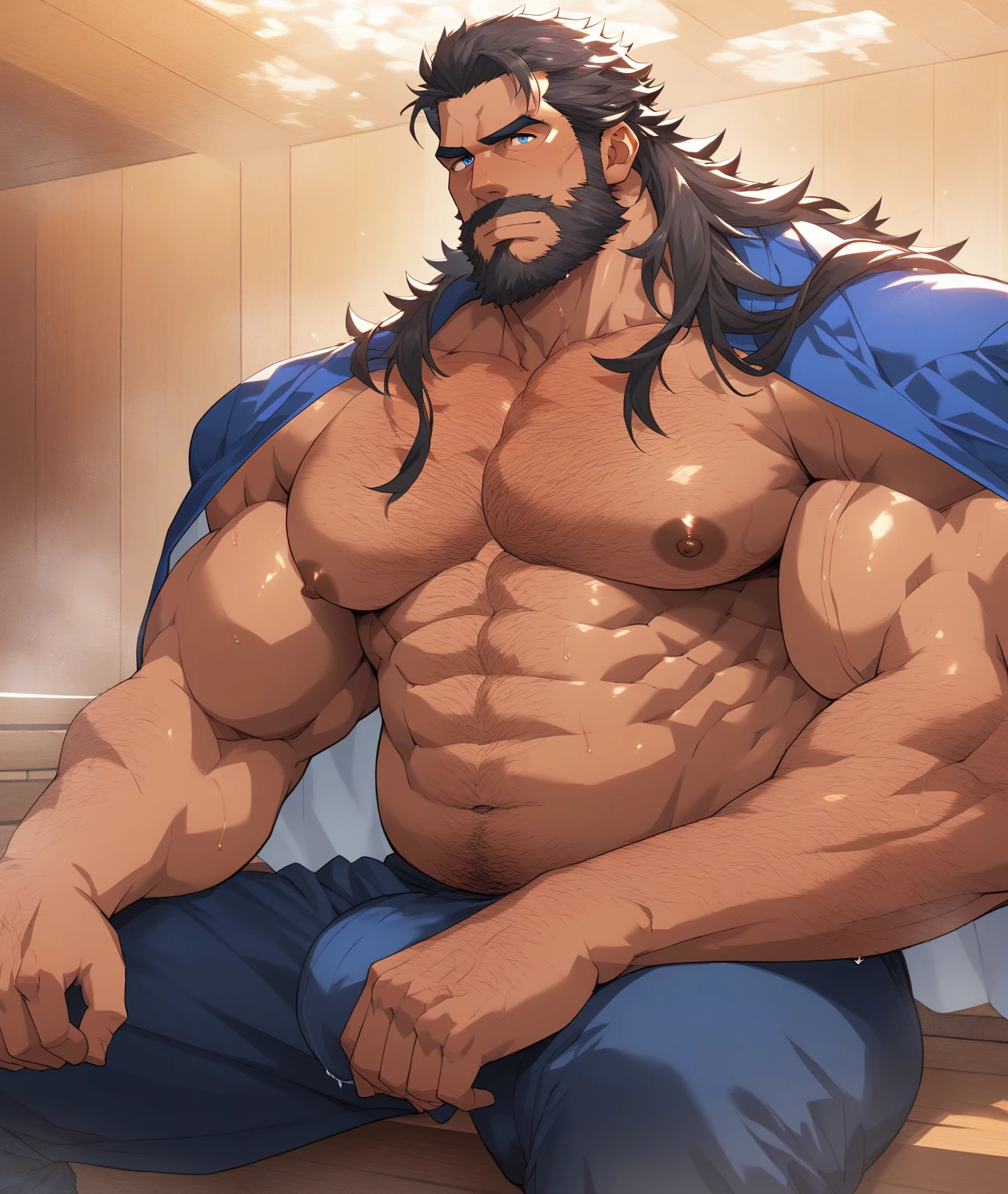 a naked muscular daddy with long curly brown hair get jerking off and his long cock is very big, male focus, 1man, solo, abs, large nipples, big tits, large penis, muscular, muscular daddy, big muscles, veins, bara, pectorals, facial hair, penis, pubic hair, nude, uncensored, anal, male pubic hair, big testicles, large pectorals, erection, armpit hair, beard, stomach, mature male, chest hair, navel, black hair, thighs, armpits, completely nude, big veins, red eyes, navel hair, bedroom, bed, hotel, long curly brown hair, spread legs, necklace, tattoos, masturbation, pecs, cum, cumming, cum all over the body, spread, nsfw, jerking off, dildo, blushing, ahegao, orgasm, gentlemen, hairy body, furry daddy, open mouth, grunting, tears, handjob