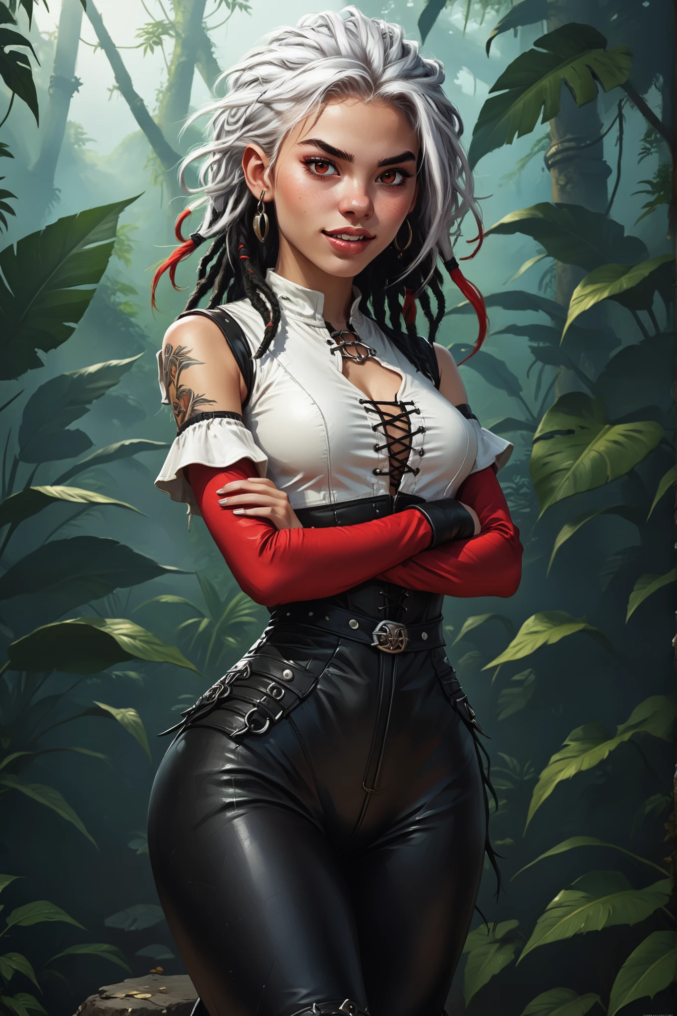 Slender body. White skin. Cute 18-year-old girl with big Indonesian/Aztec red eyes and unnaturally sharp teeth and black dreadlocks with white highlights. Sharp and pointy teeth. She has a cute and beautiful face. She has a round and young face. Her body is athletic with abs. Cute and broad nose. She wears an shiny intricate black leather Spanish catsuit with lacing. Black latex. Background: medieval jungle ruins. Realistic lighting. DnD art-style. fake box art, semi-realistic, Looking at the viewer.