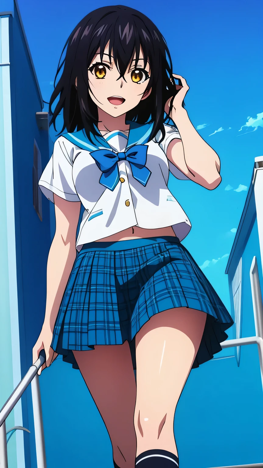{{{masterpiece}}}, (best quality:1.5), (ultra-detailed:1.5), {illustration}, {{an extremely delicate and beautiful}}, (beautiful detailed eyes:1.6), absurdres, highres, extremely detailed face, 16k, hd, visual anime de uma jovem mulher, extremamente bonito rosto de anime, anime melhor garota, (perfect hands, perfect anatomy), anime face, Himeragi Yukina(Strike The Blood), sysdeep__yukina, 1girl, solo, cute face, medium hair, front hair, black hair, hair between eye, (yellow eyes:1.2), (High resolution eyes, Beautiful eyes, Light in the eyes), flushed cheeks, medium breasts, big hips, curvaceous, BREAK, serafuku, {school uniform}, summer uniform, white shirt, short sleeves, blue sailor collar, (blue bowtie:1.5), mini skirt, pleated skirt, plaid skirt, blue skirt, thighs, crew Socks, black socks, brown shoes, BREAK, cool face, open mouth, walking, flushed cheeks, looking at viewer, outdoor, city, building, sky, daytime, cowboy shot
