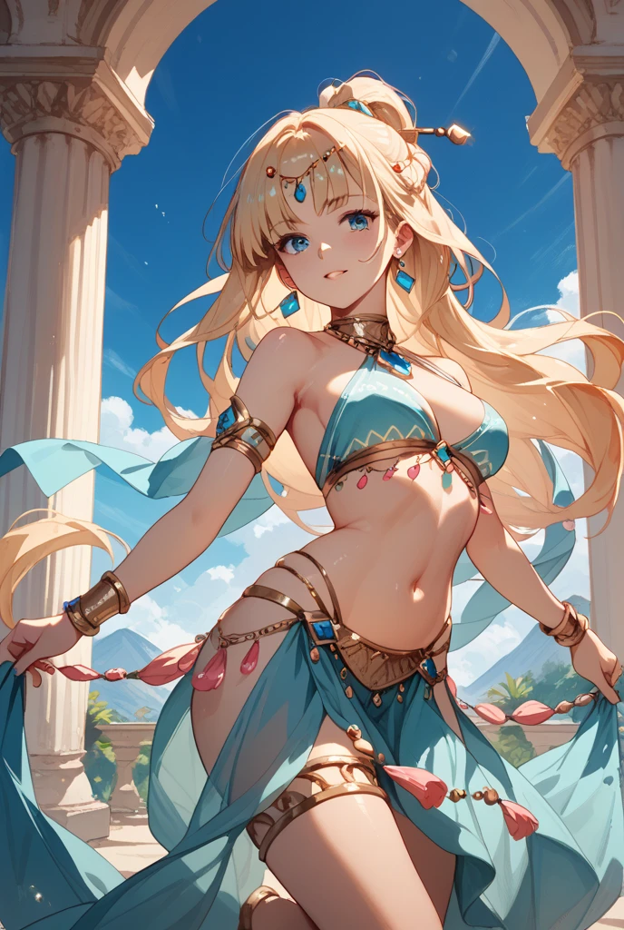 masterpiece,highest quality,32K,ultra detailed,young woman,cleavage,light brown eyes,light makeup,fair skin,shiny skin,smile,silky hair,bangs,ponytail,straight hair,blond,belly dancer,palace