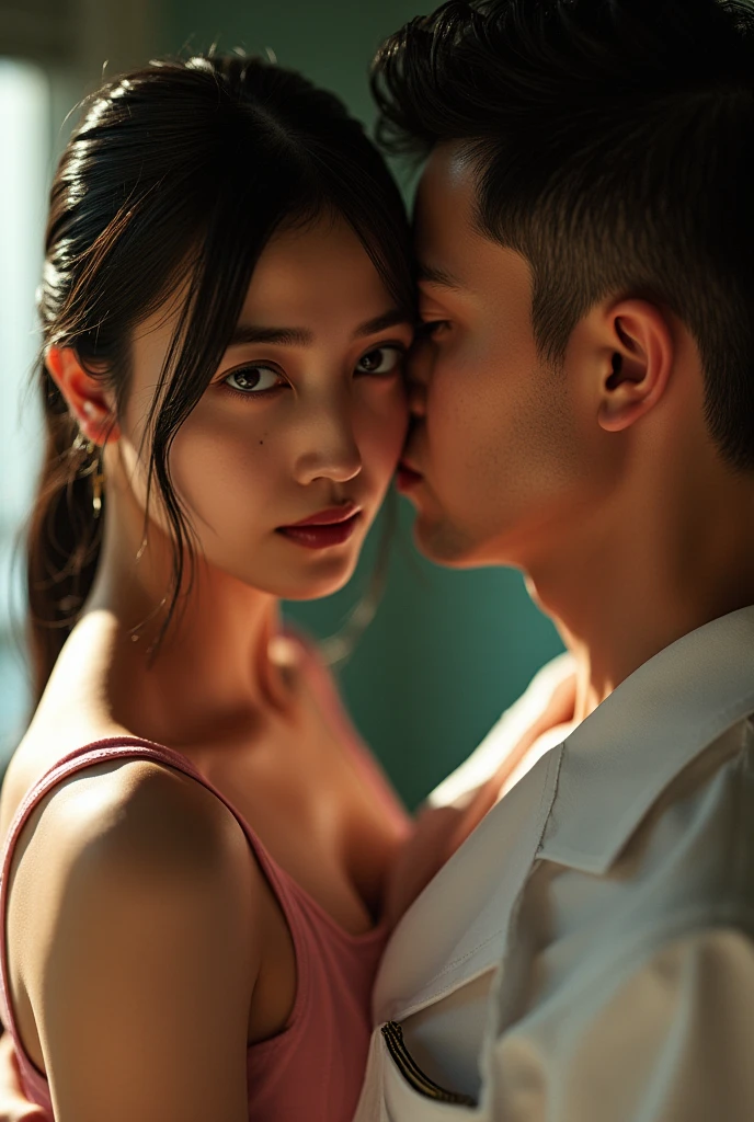 1girl,1man,couple,Man touching woman,realistic,8k,highres,(perfect face:2),perfect eyes,perfect body,ultra detailed face,looking at viewer,large breasts,massive ,cleavage,sexy clothes,standing