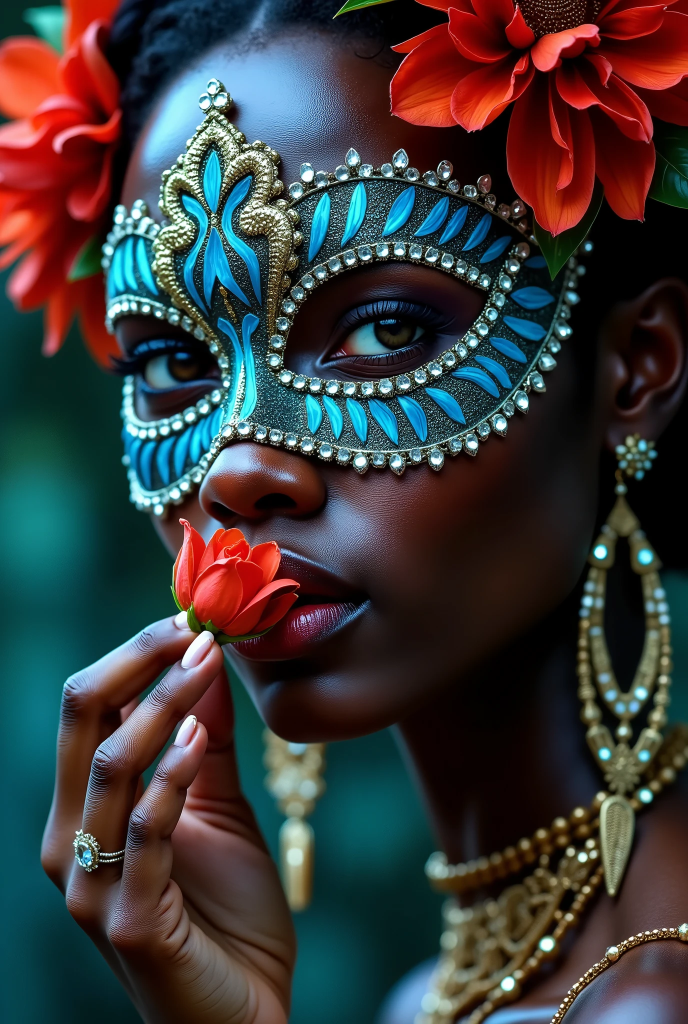 A girl from Africa, dark-skinned woman at the Masquerade holds a Flower, smelling his, her Face Covered by a Beautiful Eye Mask, beautifully colored eyes, jewelry and delicate beautiful lips, masterpiece, best quality, 8k resolution, realistically, Ultra high quality,