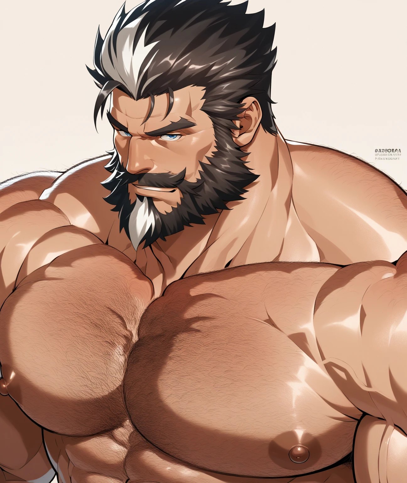 burly virile hairy man, with two wolf ears and a bushy tail, a himbo muscle daddy, middle-aged dilf, hirsute, overmuscular and musclebound, bulging veiny muscles, a warrior's build, a bodybuilder's physique, long bushy and a thick mustache, a square jaw, handsome and dreamy, rugged and manly, grey hair, embracing his husband from behind, from behind position, anal sex