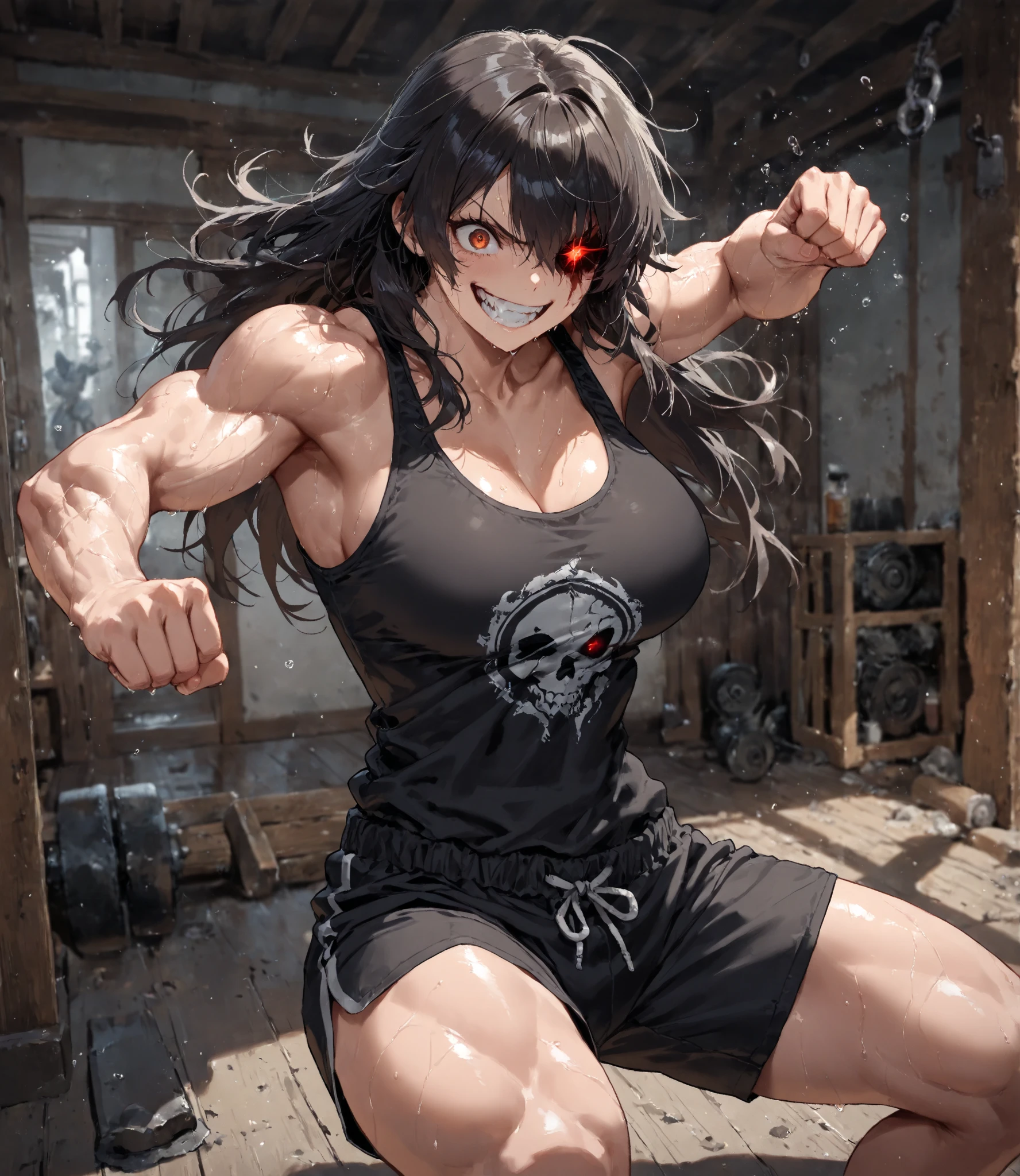 pale skin black hair yellow eyes, solo, (((small breasts))), navel, abs, looking at viewer, midriff, ((torn clothes)), bruised, bruises, ((bleeding)), ((bruise)), ((tears)), crying, (tan), from behind, (((((muscular))))), (((((thick thighs))))), (((black dress))) long hair