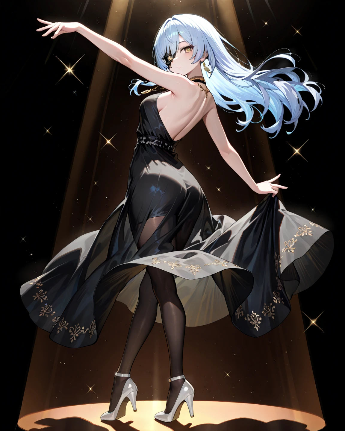 1female, Silver Hair, Red Evening Gown, Straight Hair, Silver Heels, Elegant Attire, Blue Eyes, Serious Expression, Slim, Adult Female, Ballroom, Standing by the Stage