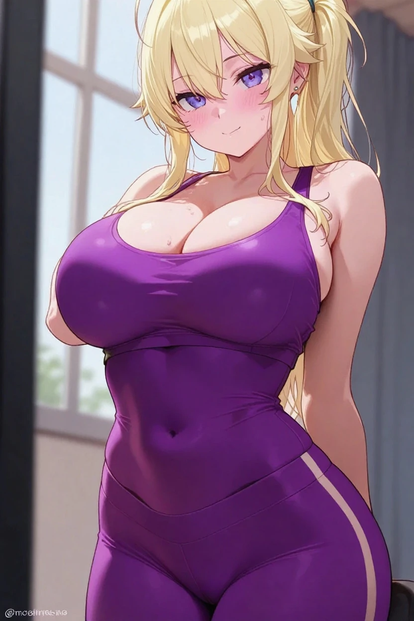 score_9, score_8_up, score_7_up, shaded BREAK 1girl, solo, Reika Kitami, blonde hair, green eyes, tan, long hair, hair ornament, outdoors, sunset, balcony, v-shaped eyebrows, smug, looking at viewer, black sundress, futanari, penis, precum, bulge, arms behind back, leaning forward, large breasts, huge breasts, round full breasts, super thin waist, heart shaped hips,