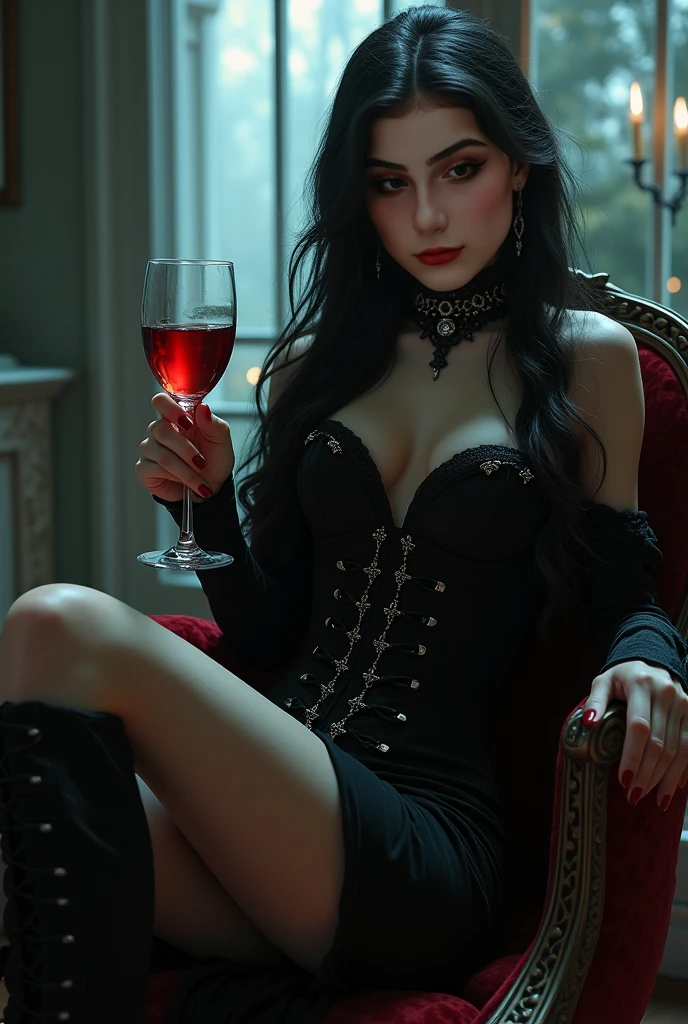 ((Best quality)), ((masterpiece)), (highly detailed:1.3),a vampire woman, drinking blood wine glass, serious look horror environment