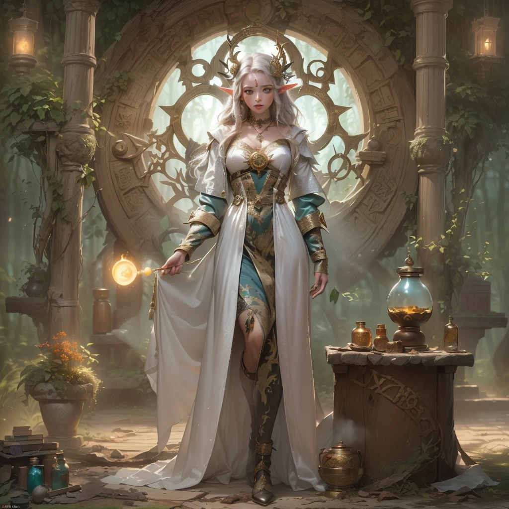 Masterpiece, best quality, (very detailed CG unified 8k wallpaper), (best quality), (best illustration), (best shadow), close-up of a woman with white hair and white mask, beautiful figure painting, Guvitz, Guvitz-style artwork, white-haired god, Yang J, epic exquisite character art, amazing character art, Fan Qi, Wu Jun Shifan, Guviz in pixiv art station, glowing elf, with a glowing deer, drinking water in the pool, Natural elements in forest theme. Mysterious forest, beautiful forest, nature, surrounded by flowers, delicate leaves and branches surrounded by fireflies (natural elements), (jungle theme), (leaves), (branches), (fireflies), (particle effects) and other 3D, Octane rendering, ray tracing, super detailed