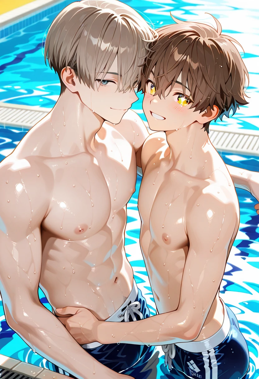 2 cute thin handsome boys 12 years old. Cuddling shirtless in the water