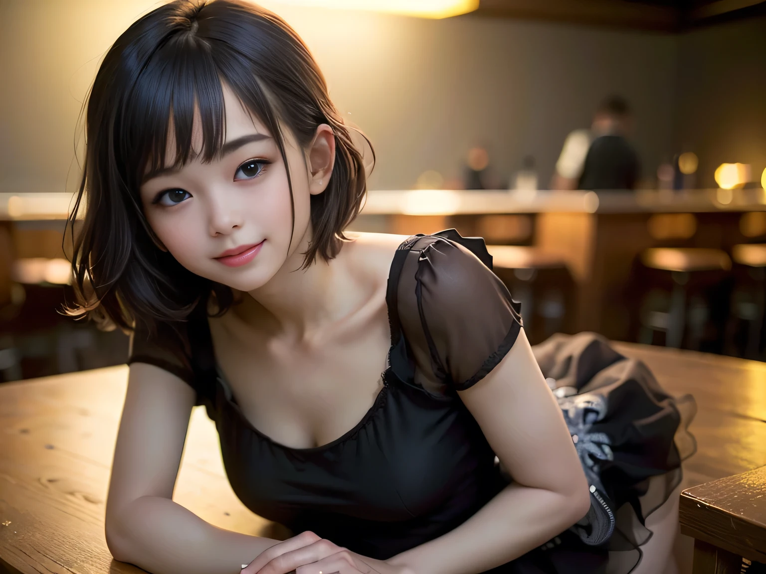 (Highest quality, masterpiece, Ultra-high resolution, 8K, RAW Photos, Realistic, Anatomically correct:1.5), high school girl、20-year-old girl:1.2, Embarrassing, avert your eyes, blush:1.0, View Viewer, ((restaurant with big windows)) 、Night view、 Light:1.2, Bokeh, Cinema Lighting:1.0, Depth of written boundary, sharp、 Cute face、Idol、Black Henley Shirt、Black pleated skirt、Black clothing、”dwarf”、Full Body Shot、Cowboy Shot、(( smile))、(Ultra short hair)、(Medium Hair)、(Straight bangs)、((One woman))、