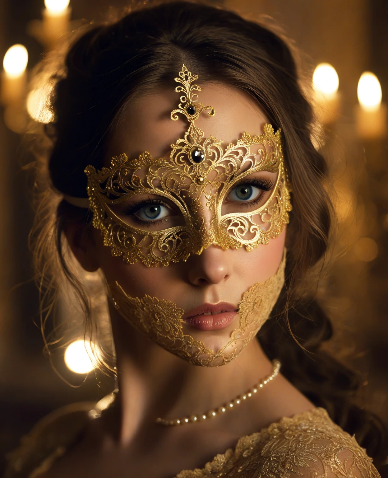 ((Glamour Shot)),cinematic photo 18 year old woman wearing a Golden Yellow masquerade mask, fog, gown, off-shoulder, ballroom, (medium close-up)<lora:masquerademask-v1-000003:1> . 35mm photograph, film, bokeh, professional, 4k, highly detailed