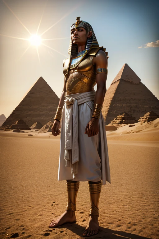 Sheldon Cooper dressed as an Egyptian pharaoh. In the background the pyramids of Egypt. Photorealistic, hyperdetailed, high quality,