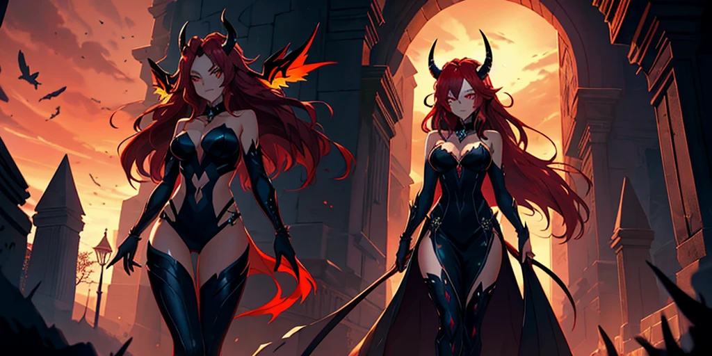 In the enchanting realm of fantasy, two adult women stand before you, their unique presence commanding attention. The first woman, alluring and seductive, boasts a pale blonde complexion and dons vibrant red attire. Her ample chest takes center stage, exuding an irresistible allure. Her style emanates that of the Juman, a mythical race known for their captivating beauty and enchanting power.

The second woman, an embodiment of darkness, presents herself as the very epitome of a devil. Her fiery red skin illuminates the air, creating an otherworldly glow. Horns grace her head, a symbol of her sin