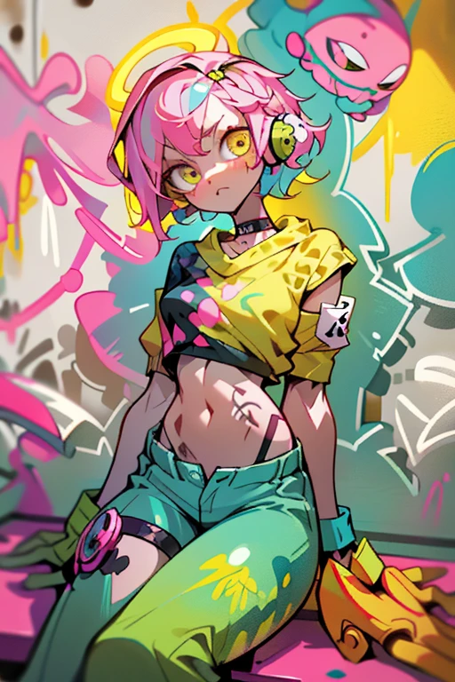 masterpiece, best quality, 1non gender, solo, crop top, denim shorts, choker, (graffiti:1.5), paint splatter, arms behind back, against wall, looking at viewer, armband, thigh strap, paint on body, pink wing, head tilt, bored, multicolored hair, headset,non gender anime person in slim body with an outfit of yellow sweater with pink polkadot bubble design, and blue and green pants, psycho, cool pose, left crab arms, zooble, cool sit pose, abstract triangular shapes, clown vibe, no emotion, no sooul,Masterpiece, Best quality, 8K, Cinematic light,tchibi, 1girl,full bodyesbian,Russian,extra very short hair, ((rainbow hair)), ((micro thong)),((neon purple sweatshirt)), ((aqua eyes)), intricate eyes,beautiful detailed eyes,symmetrical eyes,ponytail,(pointed ears),round frame glasses,wide hips,Pouting expression, cute,(cleavege:1.5, unzipped),((underboob:1.5)), ((thigh_strap)),anime girl,(((liquid paint hair:1.1))), lustrous skin:1.5,bright skin: 1.5,skin tanned,shiny skin,very shiny skin,shiny body,illuminated skin,wet skin, blood coming from her pussy, masturbaiton, fingering
(nsfw:0.55), ((flat chested, flat stomach, baby face)), (intense colors),