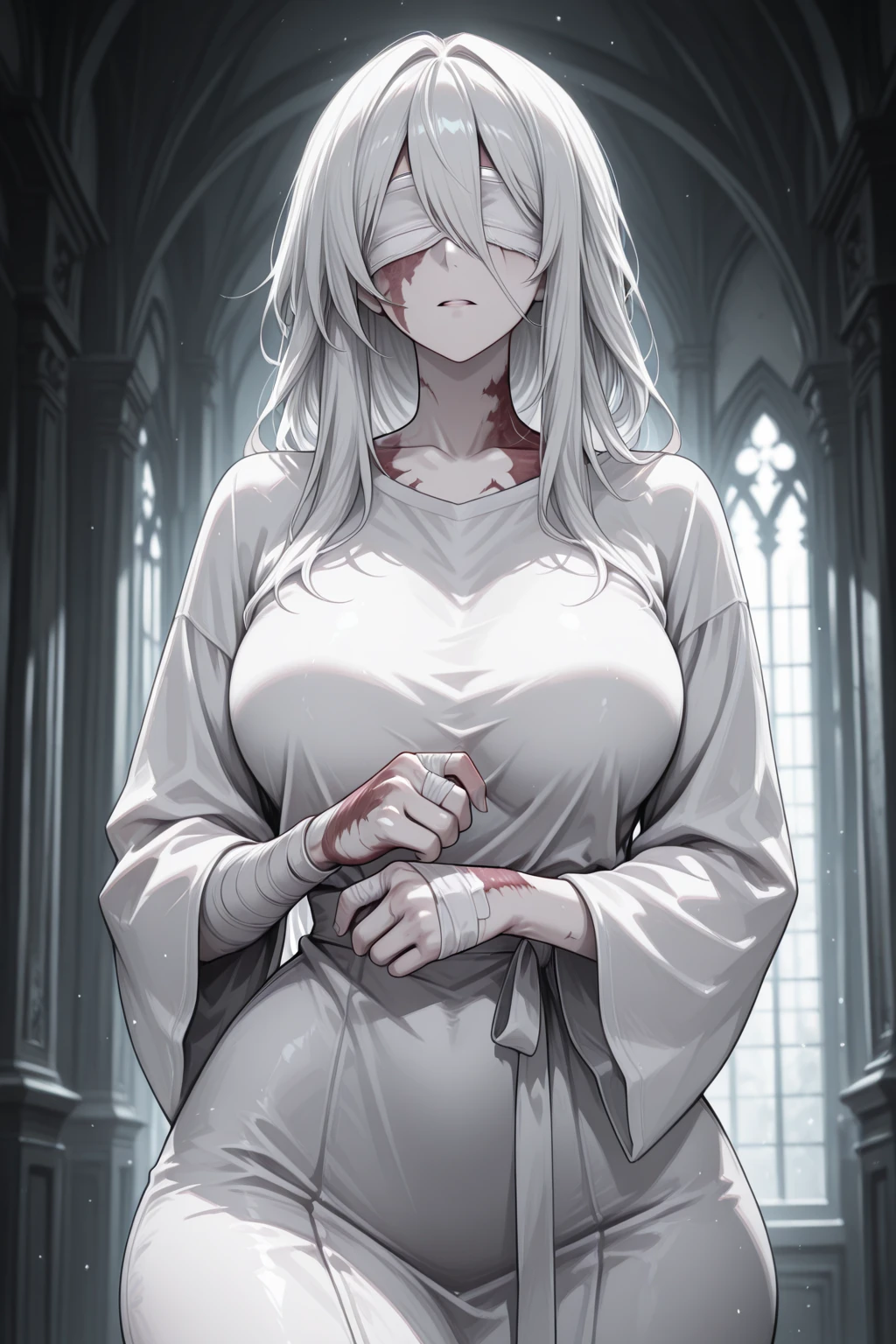 High quality, 4k, hd, white hair, female, holding a dual blade, glowing blue eyes, white monk robe outfit, masterpiece, grim background, 1 girl, blood drenched clothes, sword on her back, steam coming out of eyes, elf ears, in hell background, all white gloves, crying blood