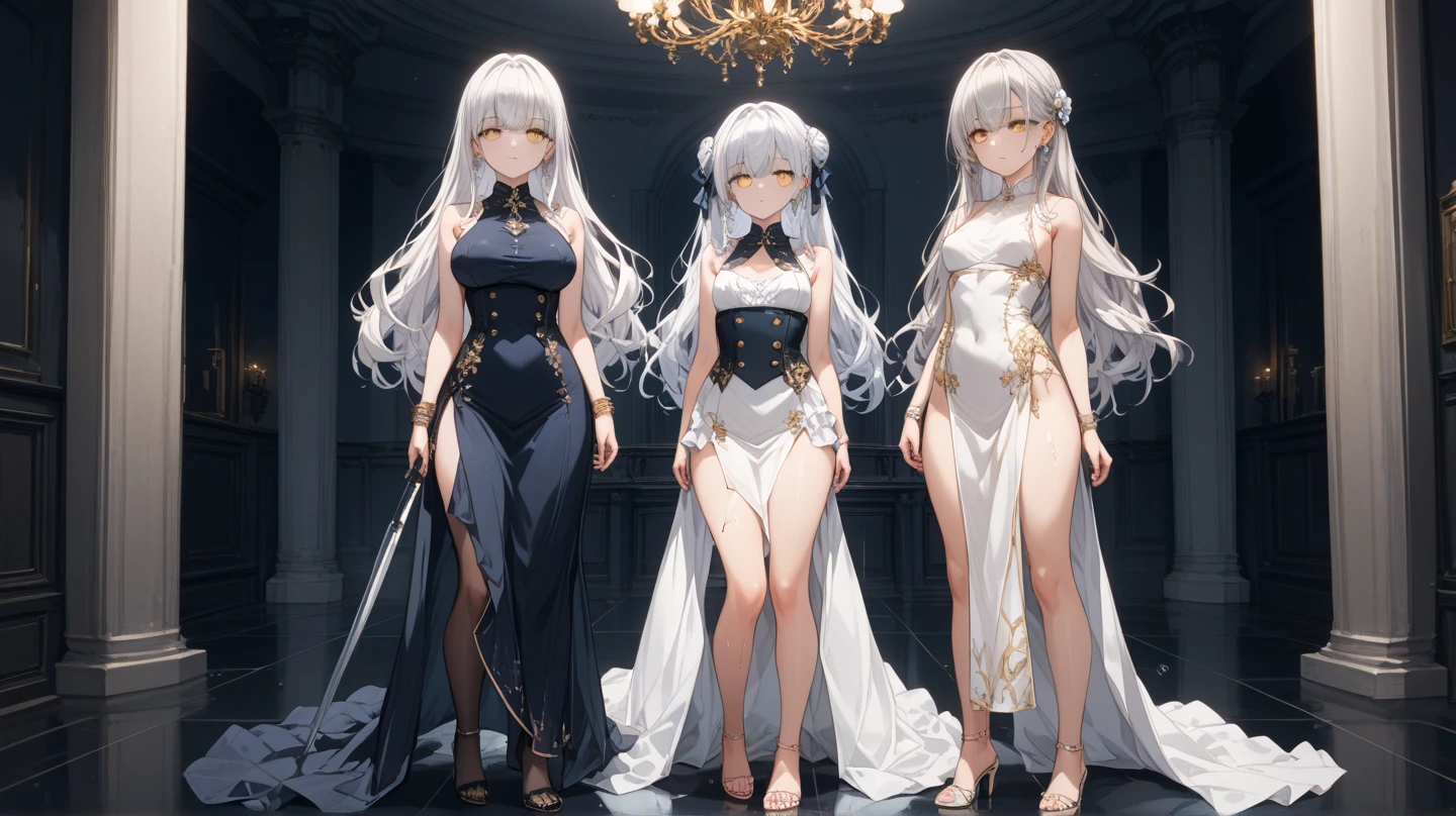 3 girls, white armor, gold details on armor, full body, fantasy, group, pixiv fantasia, pixiv, Rias Gremory, long hair, big breasts, v neck cleavage, full body, high boots, beautiful legs, body focus, lingerie, black gloves, beautiful Anime girl, sexy look, looking at viewer, extremely detailed girl, sharp focus, extremely detailed eye, short skirt,