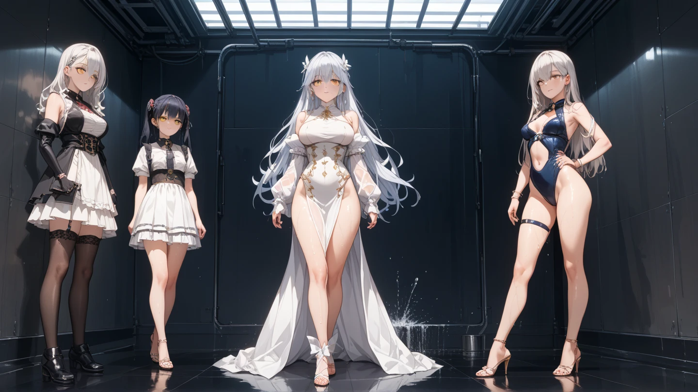 Master anime works，An impeccable masterpiece，8K picture quality: A full-fledged noblewoman was tied to a column，The legs are separated，solid color backdrop，Wear cool and sexy clothes，Female boss，Flowing silver hair，Full-body standing，Slender legs，Straight breasts，Large breasts，Detailed facial details，Naturally beautiful standing，Vivid and authentic body details
