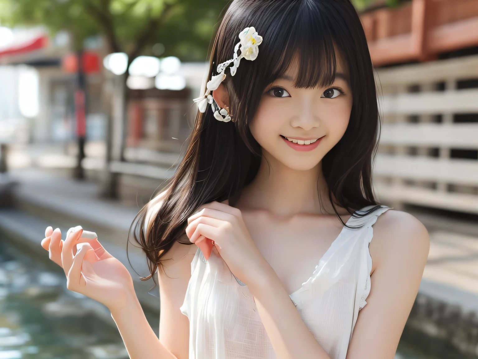 highest quality, High resolution, realistic pictures, detailed skin texture, ((Cute 12 year old Japanese girl wearing a short white camisole)), view audience, slim body shape, charming gaze, Fair skin, baby face, (flat :1.2), long straight hair, (:1.2), In the park where cherry blossoms dance