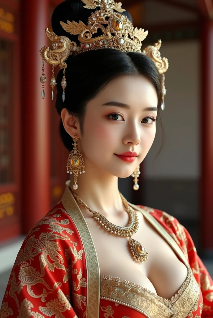 The naked Empress of the Qing Dynasty, sitting naked on a large throne, with a huge bust.（Porn Pose） A gorgeous Chinese imperial empress with her hair tied on both sides and wearing a crown、Background of kinky and erotic woman tying her hair、The story is set in the luxurious rooms of an empress in the Chinese imperial court during the Qing dynasty.。