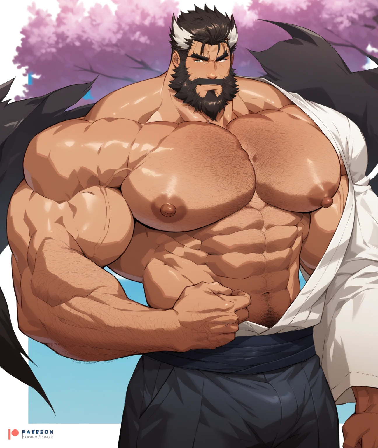 sexy mature daddy, tanned-skin, big bulge, darker skin, stubble, muscular, best quality, masterpiece, super high resolution, detailed background, realism, illustrations, single, 1 boy, torii, muscle, volumetric lighting, depth of field, facial hair, ryu, white clothes, black belt, light particles, massive bulge, starry sky, martial artist, sweating, short hair, perfect eyes, bare feet, naked body